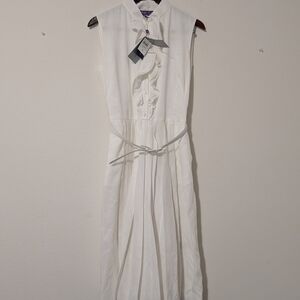 Ralph Lauren White Ruffled Tie Front Midi Dress